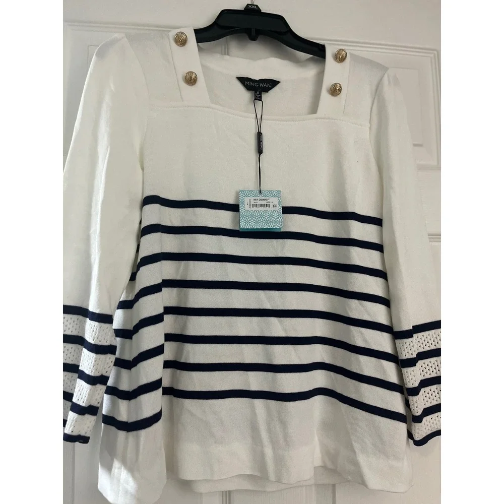 MING WANG Women's White Navy Stripe Square Neck Button Detail Sweater Top Size S